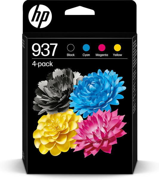 HP 937 (6C400NE) Multipack Original Druckerpatrone, Schwarz + Farben, 1xSchwarz, 1xCyan, 1xMagenta, 1xGelb für OfficeJet Pro 9720e; 9730e All-in-One Großformatdrucker OfficeJet Pro 91xx Drucker